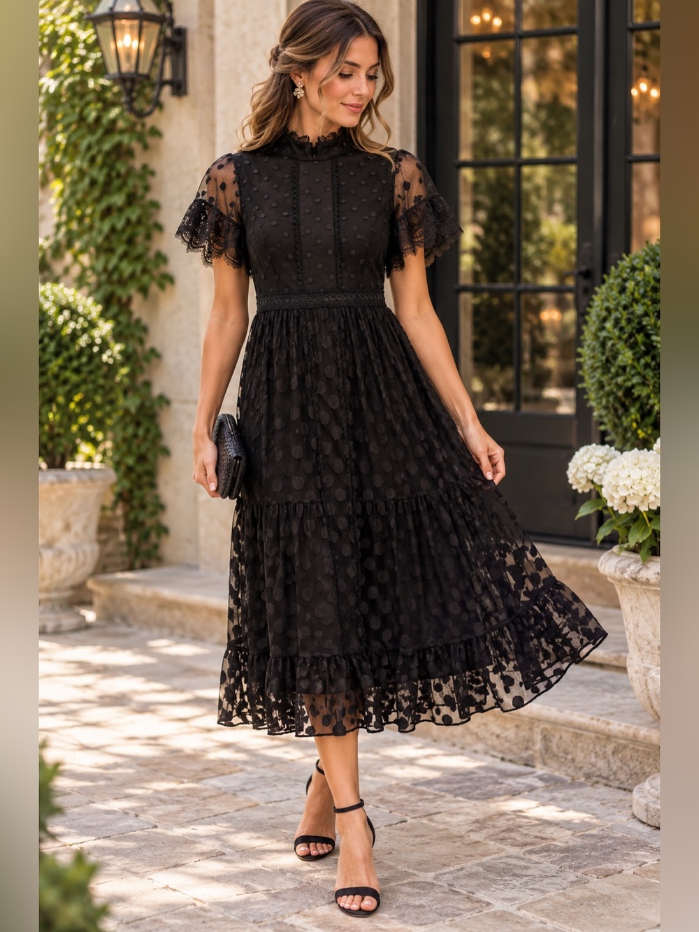 SALONI Andie-B Black Polka Dot Tulle Lace Midi Dress sz 4 romantic sheer flutter